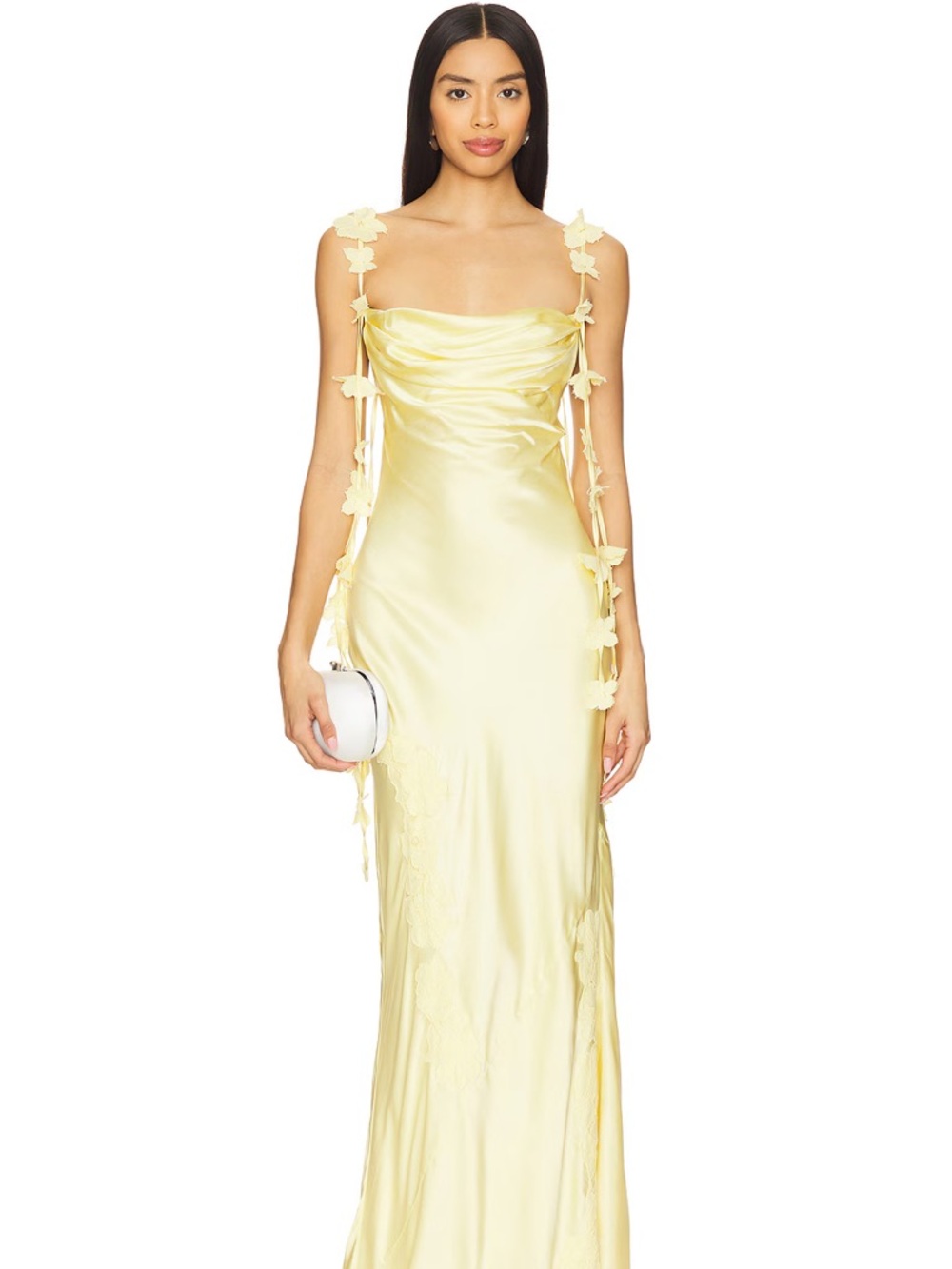 NBD Lemon Satin Inaya Maxi Dress Gown with Floral Strap Details, XS NWT